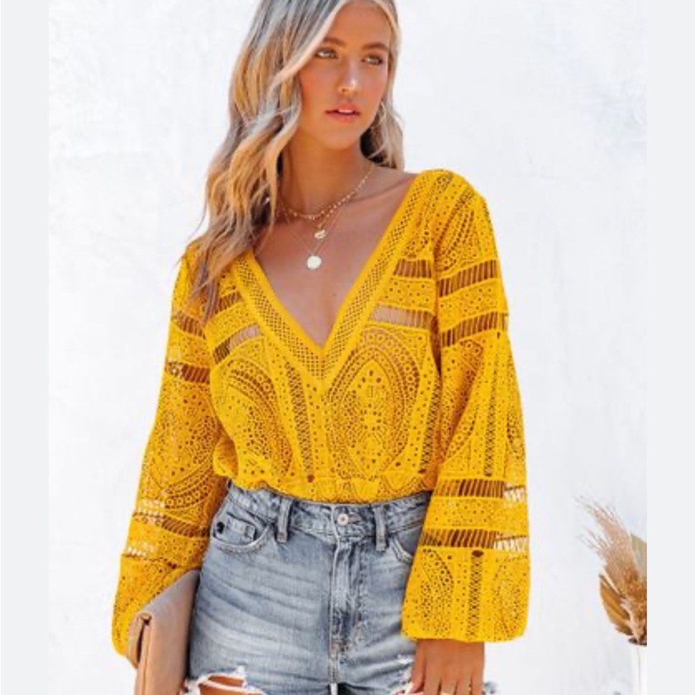 Blue blush runway lace knit bodysuit mustard